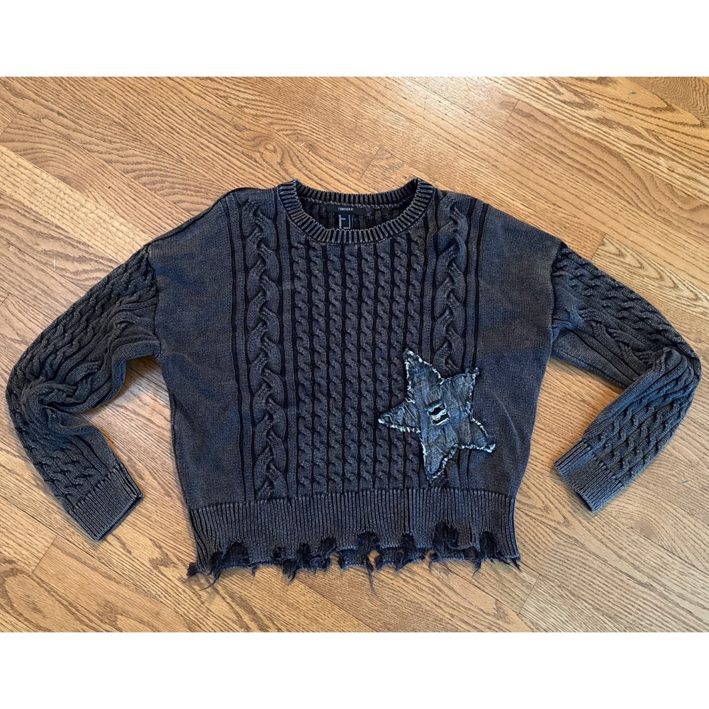 Brown Black Distressed Star Sweater Cable Knit Trashed Women's Small